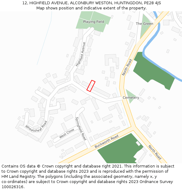 12, HIGHFIELD AVENUE, ALCONBURY WESTON, HUNTINGDON, PE28 4JS: Location map and indicative extent of plot