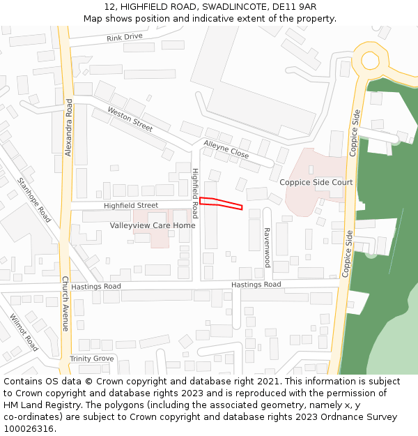 12, HIGHFIELD ROAD, SWADLINCOTE, DE11 9AR: Location map and indicative extent of plot
