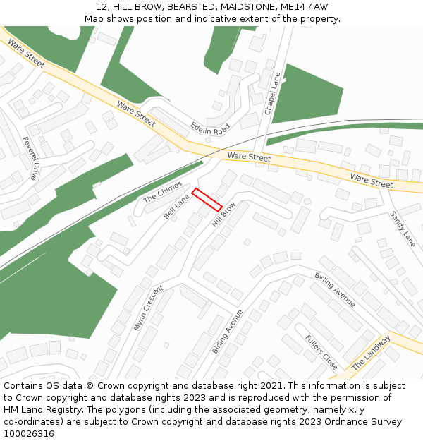 12, HILL BROW, BEARSTED, MAIDSTONE, ME14 4AW: Location map and indicative extent of plot