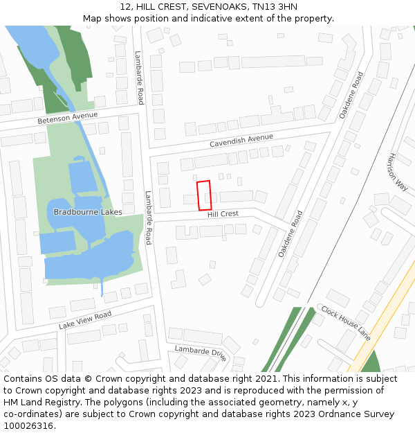 12, HILL CREST, SEVENOAKS, TN13 3HN: Location map and indicative extent of plot