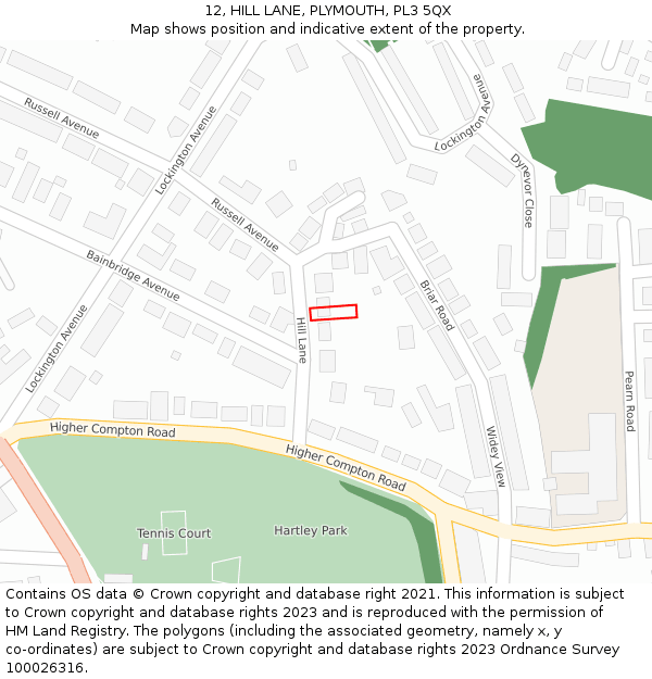 12, HILL LANE, PLYMOUTH, PL3 5QX: Location map and indicative extent of plot