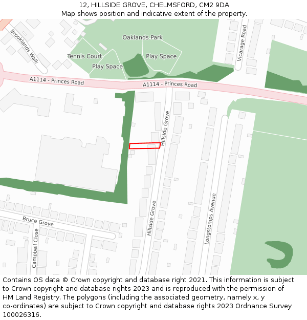12, HILLSIDE GROVE, CHELMSFORD, CM2 9DA: Location map and indicative extent of plot