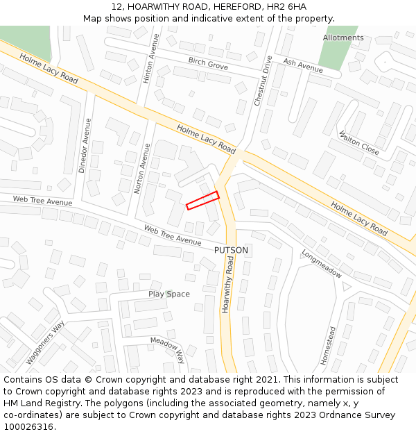 12, HOARWITHY ROAD, HEREFORD, HR2 6HA: Location map and indicative extent of plot