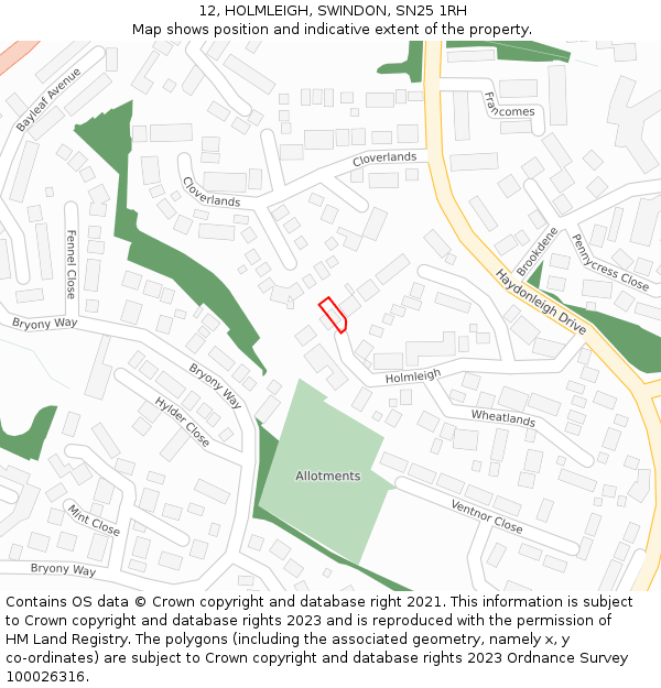 12, HOLMLEIGH, SWINDON, SN25 1RH: Location map and indicative extent of plot