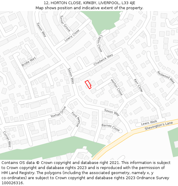 12, HORTON CLOSE, KIRKBY, LIVERPOOL, L33 4JE: Location map and indicative extent of plot