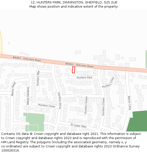 12, HUNTERS PARK, DINNINGTON, SHEFFIELD, S25 2UE: Location map and indicative extent of plot