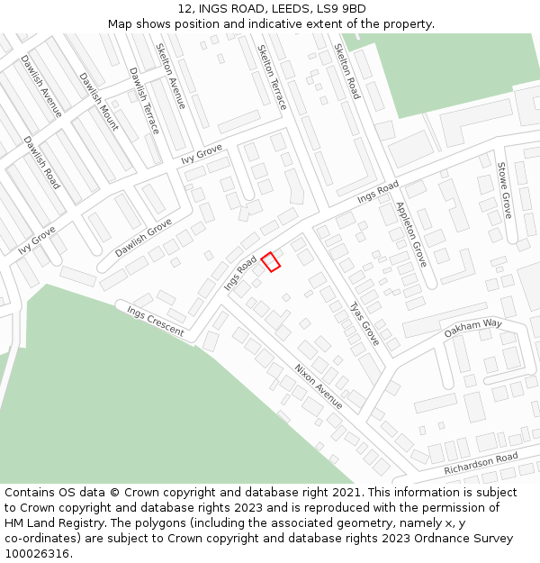 12, INGS ROAD, LEEDS, LS9 9BD: Location map and indicative extent of plot