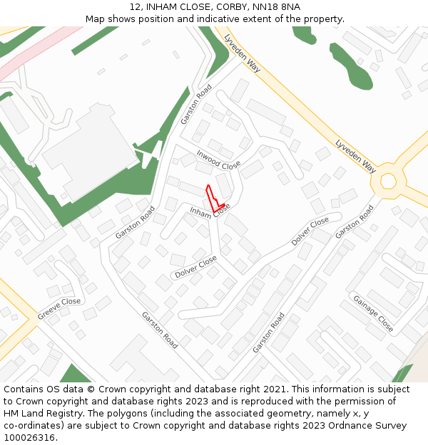 12, INHAM CLOSE, CORBY, NN18 8NA: Location map and indicative extent of plot