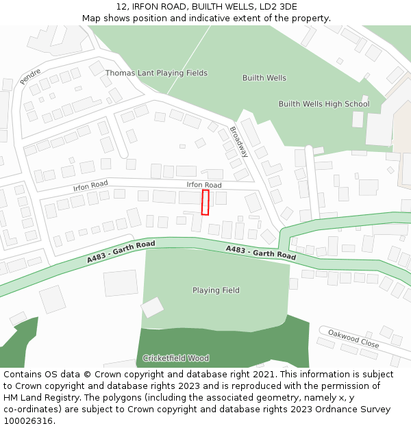 12, IRFON ROAD, BUILTH WELLS, LD2 3DE: Location map and indicative extent of plot