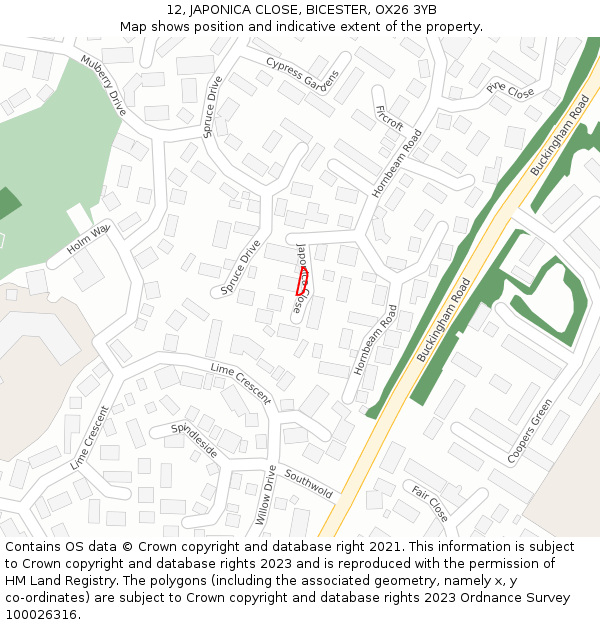 12, JAPONICA CLOSE, BICESTER, OX26 3YB: Location map and indicative extent of plot