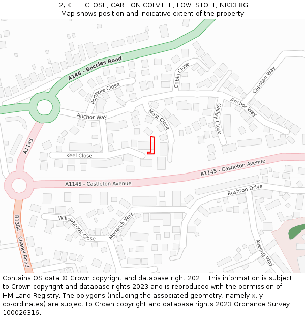 12, KEEL CLOSE, CARLTON COLVILLE, LOWESTOFT, NR33 8GT: Location map and indicative extent of plot