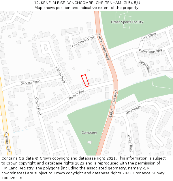 12, KENELM RISE, WINCHCOMBE, CHELTENHAM, GL54 5JU: Location map and indicative extent of plot