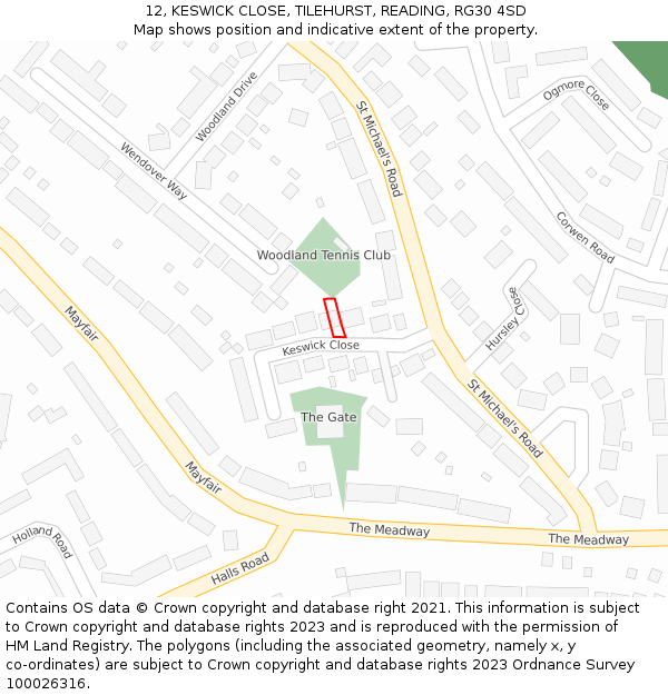 12, KESWICK CLOSE, TILEHURST, READING, RG30 4SD: Location map and indicative extent of plot