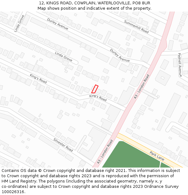 12, KINGS ROAD, COWPLAIN, WATERLOOVILLE, PO8 8UR: Location map and indicative extent of plot