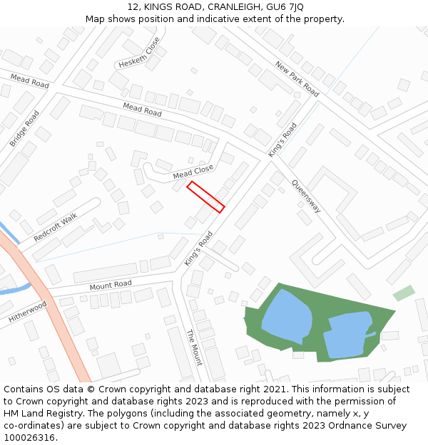 12, KINGS ROAD, CRANLEIGH, GU6 7JQ: Location map and indicative extent of plot