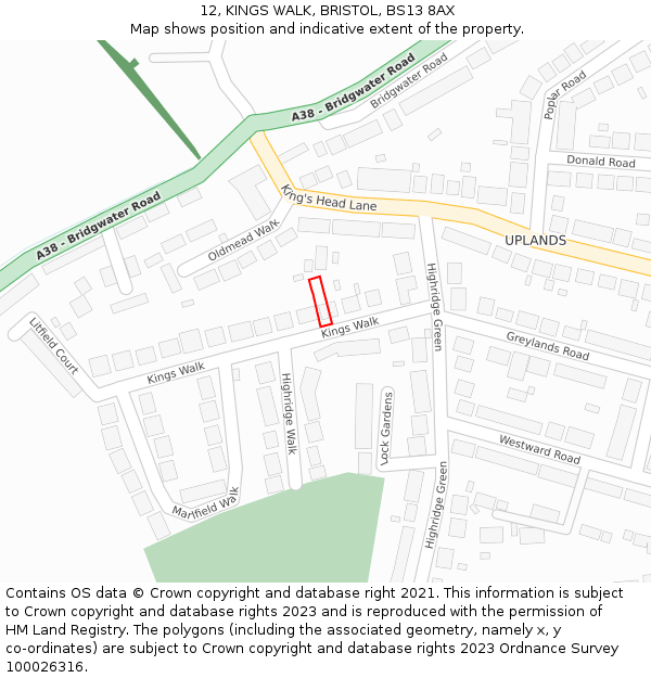 12, KINGS WALK, BRISTOL, BS13 8AX: Location map and indicative extent of plot