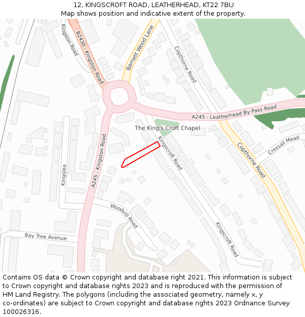 12, KINGSCROFT ROAD, LEATHERHEAD, KT22 7BU: Location map and indicative extent of plot