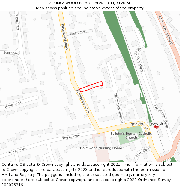 12, KINGSWOOD ROAD, TADWORTH, KT20 5EG: Location map and indicative extent of plot