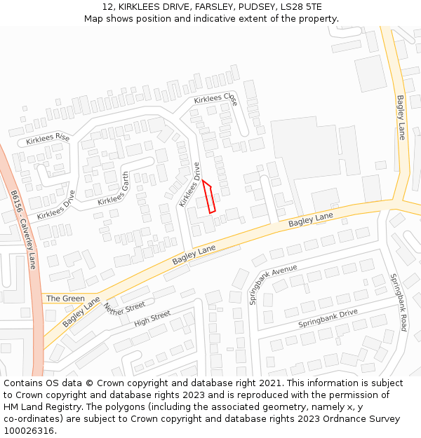 12, KIRKLEES DRIVE, FARSLEY, PUDSEY, LS28 5TE: Location map and indicative extent of plot
