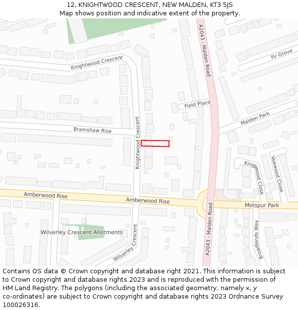 12, KNIGHTWOOD CRESCENT, NEW MALDEN, KT3 5JS: Location map and indicative extent of plot
