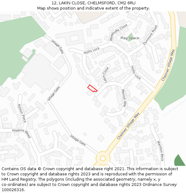 12, LAKIN CLOSE, CHELMSFORD, CM2 6RU: Location map and indicative extent of plot