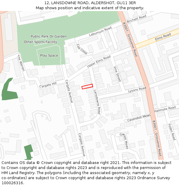 12, LANSDOWNE ROAD, ALDERSHOT, GU11 3ER: Location map and indicative extent of plot