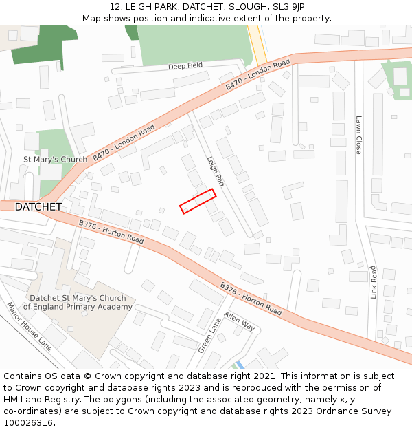 12, LEIGH PARK, DATCHET, SLOUGH, SL3 9JP: Location map and indicative extent of plot