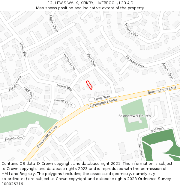 12, LEWIS WALK, KIRKBY, LIVERPOOL, L33 4JD: Location map and indicative extent of plot