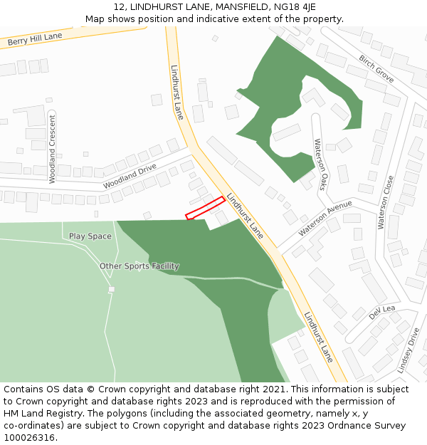 12, LINDHURST LANE, MANSFIELD, NG18 4JE: Location map and indicative extent of plot