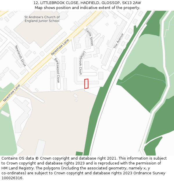 12, LITTLEBROOK CLOSE, HADFIELD, GLOSSOP, SK13 2AW: Location map and indicative extent of plot