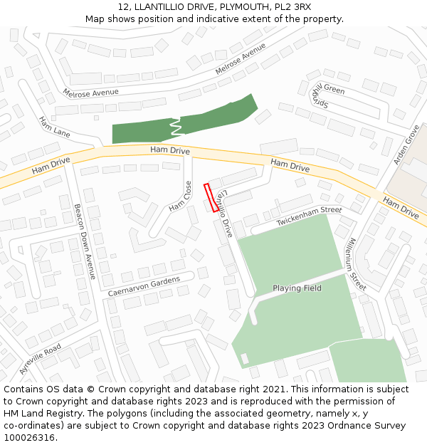 12, LLANTILLIO DRIVE, PLYMOUTH, PL2 3RX: Location map and indicative extent of plot
