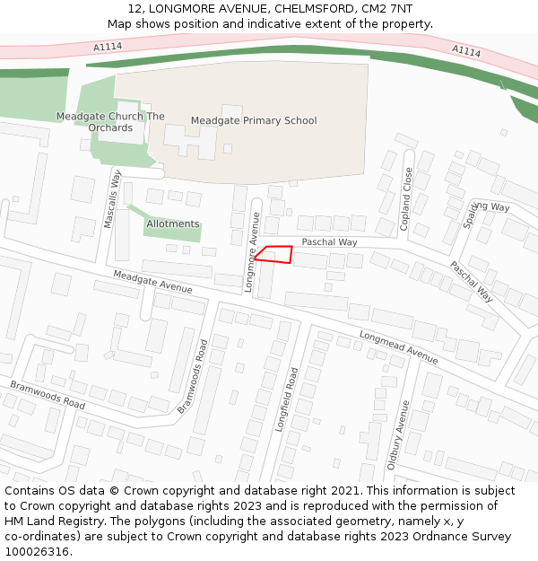 12, LONGMORE AVENUE, CHELMSFORD, CM2 7NT: Location map and indicative extent of plot