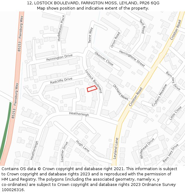 12, LOSTOCK BOULEVARD, FARINGTON MOSS, LEYLAND, PR26 6QG: Location map and indicative extent of plot