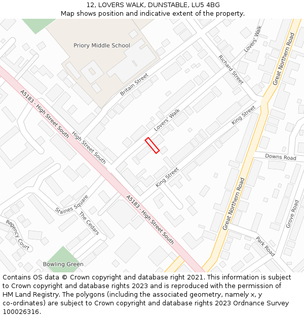 12, LOVERS WALK, DUNSTABLE, LU5 4BG: Location map and indicative extent of plot
