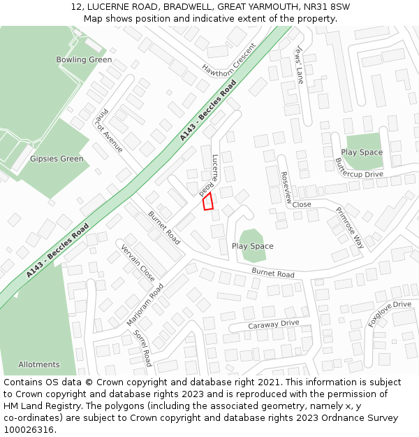 12, LUCERNE ROAD, BRADWELL, GREAT YARMOUTH, NR31 8SW: Location map and indicative extent of plot