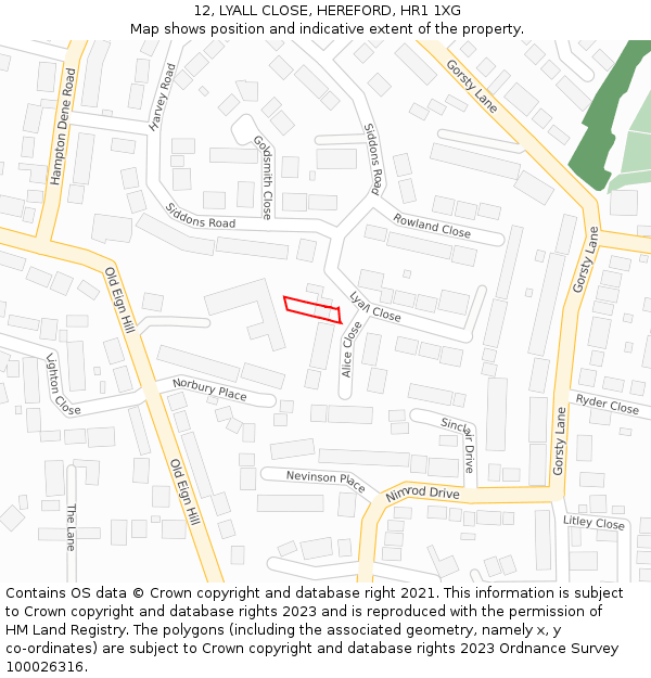 12, LYALL CLOSE, HEREFORD, HR1 1XG: Location map and indicative extent of plot