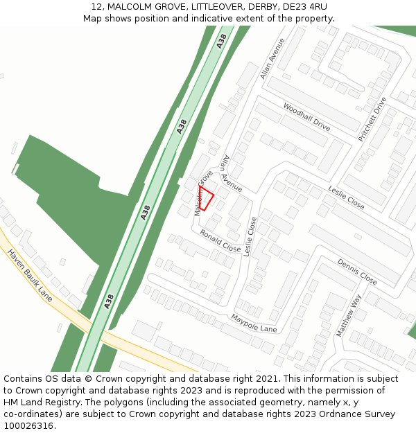 12, MALCOLM GROVE, LITTLEOVER, DERBY, DE23 4RU: Location map and indicative extent of plot
