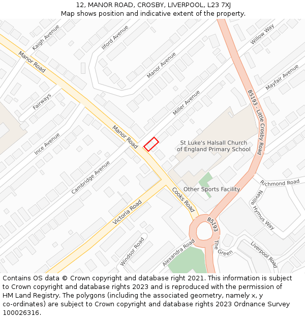 12, MANOR ROAD, CROSBY, LIVERPOOL, L23 7XJ: Location map and indicative extent of plot