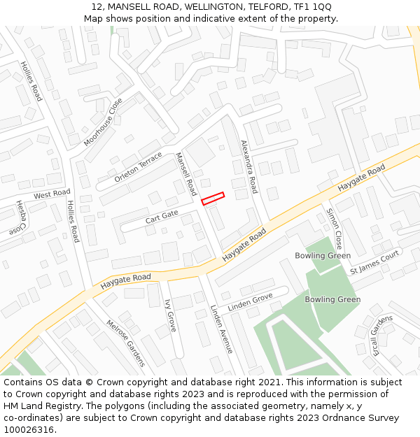 12, MANSELL ROAD, WELLINGTON, TELFORD, TF1 1QQ: Location map and indicative extent of plot