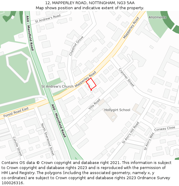 12, MAPPERLEY ROAD, NOTTINGHAM, NG3 5AA: Location map and indicative extent of plot