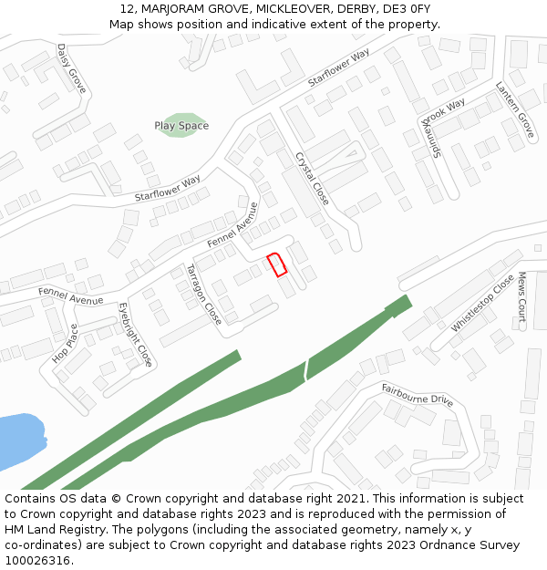 12, MARJORAM GROVE, MICKLEOVER, DERBY, DE3 0FY: Location map and indicative extent of plot