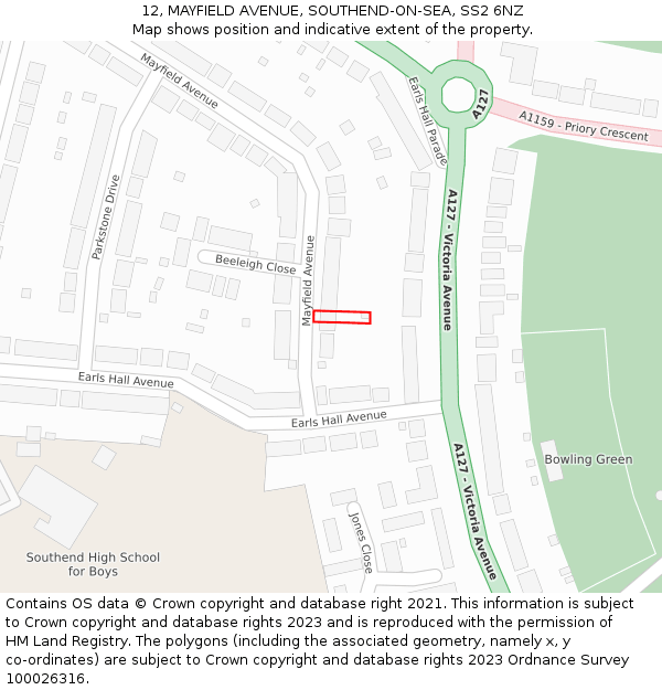 12, MAYFIELD AVENUE, SOUTHEND-ON-SEA, SS2 6NZ: Location map and indicative extent of plot