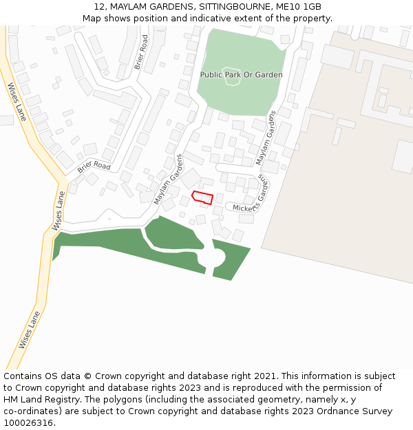12, MAYLAM GARDENS, SITTINGBOURNE, ME10 1GB: Location map and indicative extent of plot