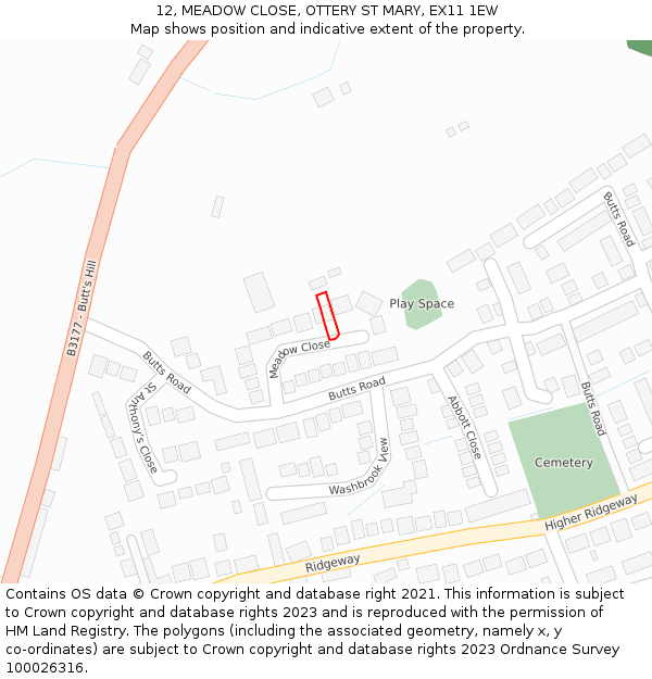 12, MEADOW CLOSE, OTTERY ST MARY, EX11 1EW: Location map and indicative extent of plot