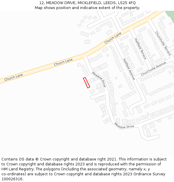 12, MEADOW DRIVE, MICKLEFIELD, LEEDS, LS25 4FQ: Location map and indicative extent of plot