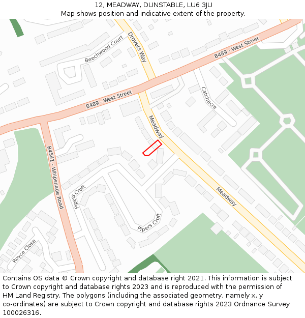 12, MEADWAY, DUNSTABLE, LU6 3JU: Location map and indicative extent of plot