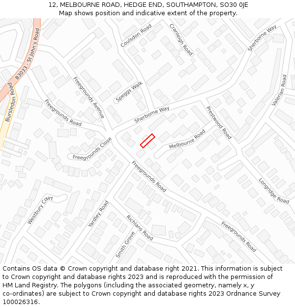 12, MELBOURNE ROAD, HEDGE END, SOUTHAMPTON, SO30 0JE: Location map and indicative extent of plot
