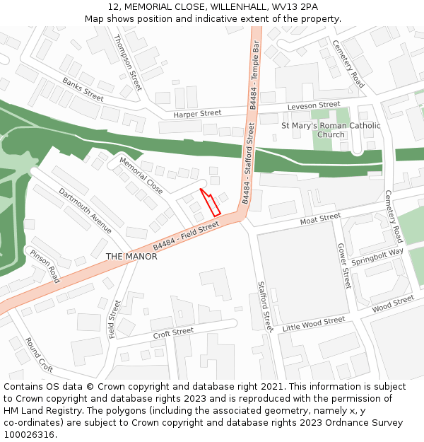 12, MEMORIAL CLOSE, WILLENHALL, WV13 2PA: Location map and indicative extent of plot
