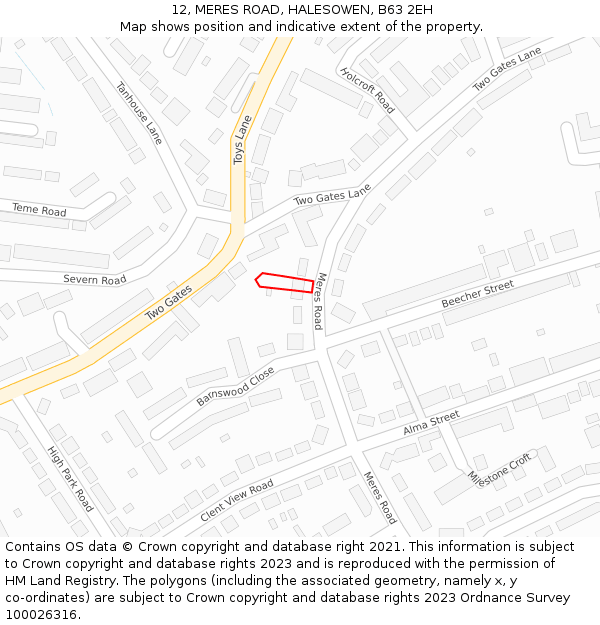 12, MERES ROAD, HALESOWEN, B63 2EH: Location map and indicative extent of plot