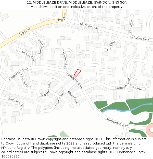 12, MIDDLELEAZE DRIVE, MIDDLELEAZE, SWINDON, SN5 5GN: Location map and indicative extent of plot